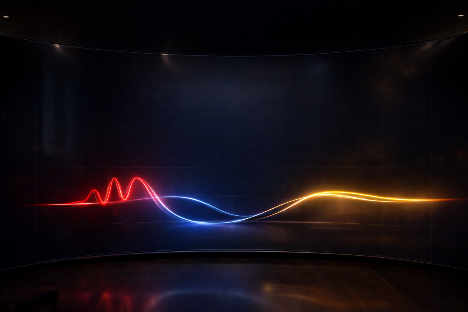 Red, blue, and gold light waves curving across a dark stage